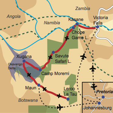 Karte und Reiseverlauf: Botswanas Höhepunkte - Fly-In Safari zu den Highlights Botswanas und zu den Viktoria Fällen