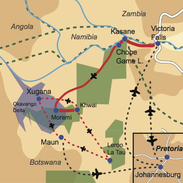 Karte und Reiseverlauf: Exceptional Wilderness  - Mobile Zelt- und Lodge-Safari zu den Highlights Botswana