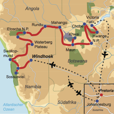Reiseverlauf: Great Trans-African Lodge Safari - 22-tägige Kleingruppen-Lodge-Safari von Windhoek nach Victoria Falls durch Namibia, Simbabwe und Botswana