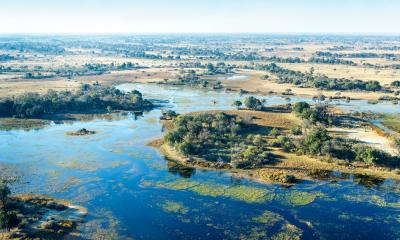 Panorama Flug Aufnahme des Okavango Deltas aus dem Flugzeug